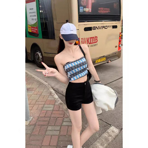 กางเกงขาสั้นผ้ายีนส์สีดำยืดหยุ่นสูงสำหรับผู้หญิงกางเกงอเนกประสงค์เอวสูงทรงตรงพิมพ์ลายสำหรับฤดูร้อน - Product Image 4