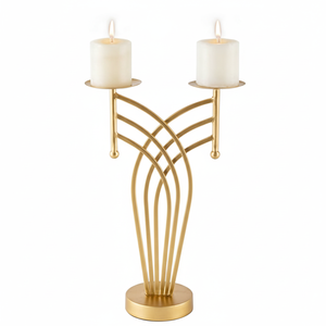Bougeoir en métal, pilier, bougeoirs romantiques, décoration d'intérieur, support à bougie haut en or avec 2 bougies - Product Image 1