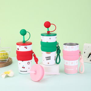 Bonita botella de agua de doble pared de acero inoxidable para niños con pajita a prueba de polvo - Product Image 3