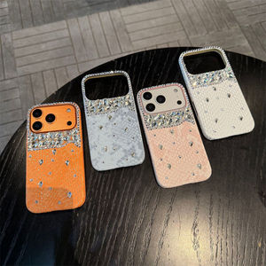 Étui de téléphone en cuir <span class=keywords><strong>orange</strong></span> avec paillettes et diamants pour iPhone Air 17 16 Plus 12 13 14 15 Pro Max, coque de protection de luxe avec strass - Product Image 2