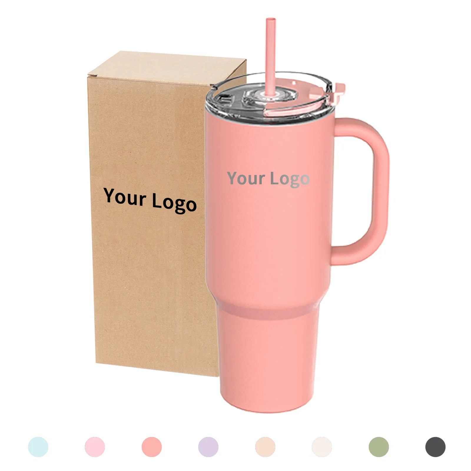 Custom Logo 40oz Double Wall Stainless Steel Coffee Travel Mug w/ Lid and Straw 40 Oz Cup Vacuum Insulated Tumbler with Handle