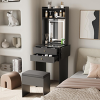 Ensemble de vanité avec miroir éclairé réglable et chaise de rangement petite table de maquillage noire pour chambre à coucher avec panneau pliable