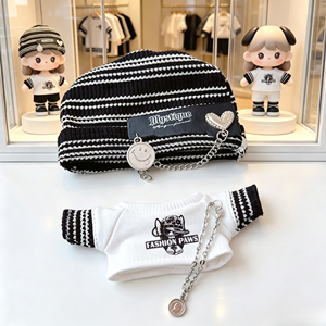 Conjunto de Ropa para Muñeca de 20 cm, Sombrero con Cadena Azul + Camiseta Azul y Blanca con Diseño de Dibujos Animados, Versión Q, Conjunto Negro - Product Image 5