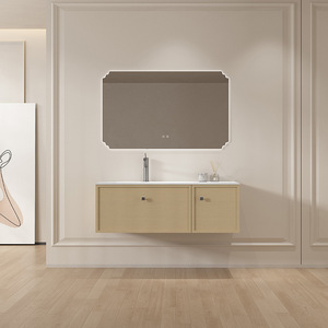 Meuble de salle de bain mural en bois massif avec vasque intégrée en céramique et rangement multi-niveaux - Product Image 1