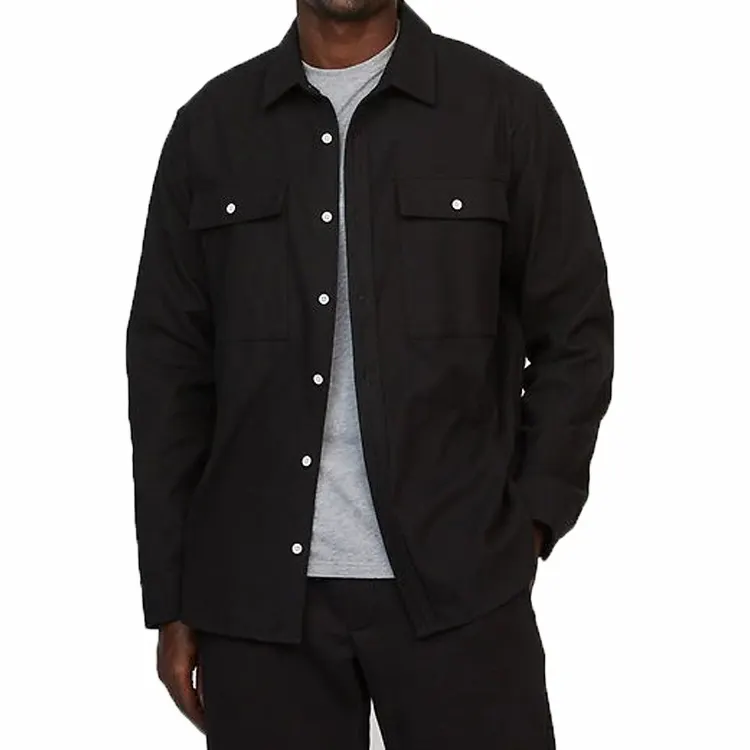 Custom black 100% cotton long sleeve single button big front pockets mens black denim shirt