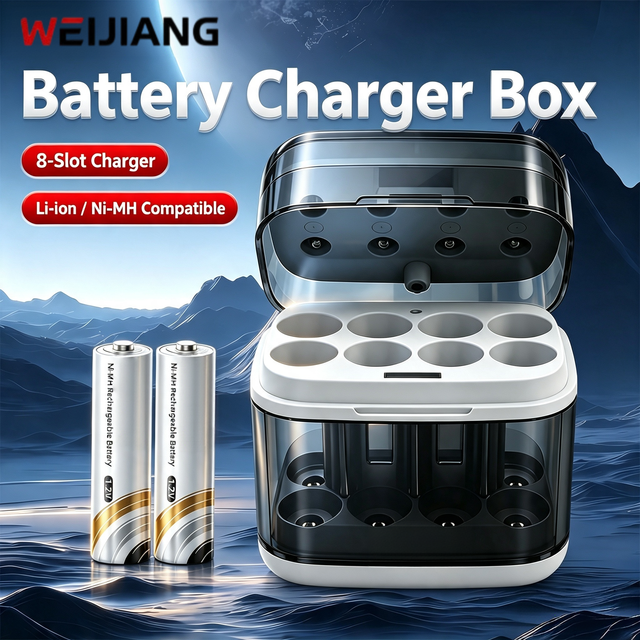 8 Slot Type-C Smart Battery Charger Compatible Ni-MH 1.2V AA & Li-ion 1.5V Rechargeable Cell Independent Charging Bay Multiple