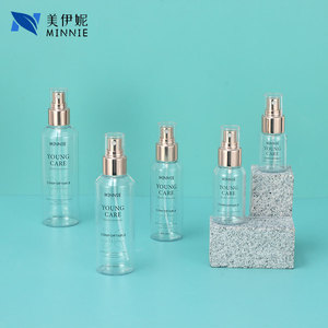 In stock, slanted shoulder sample <b>pump</b> <b>bottles</b>, 100ml each for skincare and cosmetics, including toner, makeup remover, and spra - Product Image 3
