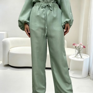 Muslim Women's <b>Modest</b> 2pcs <b>Set</b> - Split Sides Loose Top & Wide Pants with Pockets, Long Lantern Sleeve, Casual Daily Wear (2327) - Product Image 6