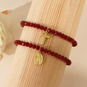 Ensemble de bracelets catholiques en cristal rouge Go2boho, bracelet à double rangée de perles avec croix et charme de la Vierge Marie, bracelets de foi pour femmes - Product Image 3