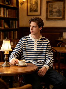 Tendance 2026 – T-shirt marin homme coupe décontractée 280g 100% coton style Breton, manches longues, printemps-automne, vintage, avec logo personnalisé - Product Image 6