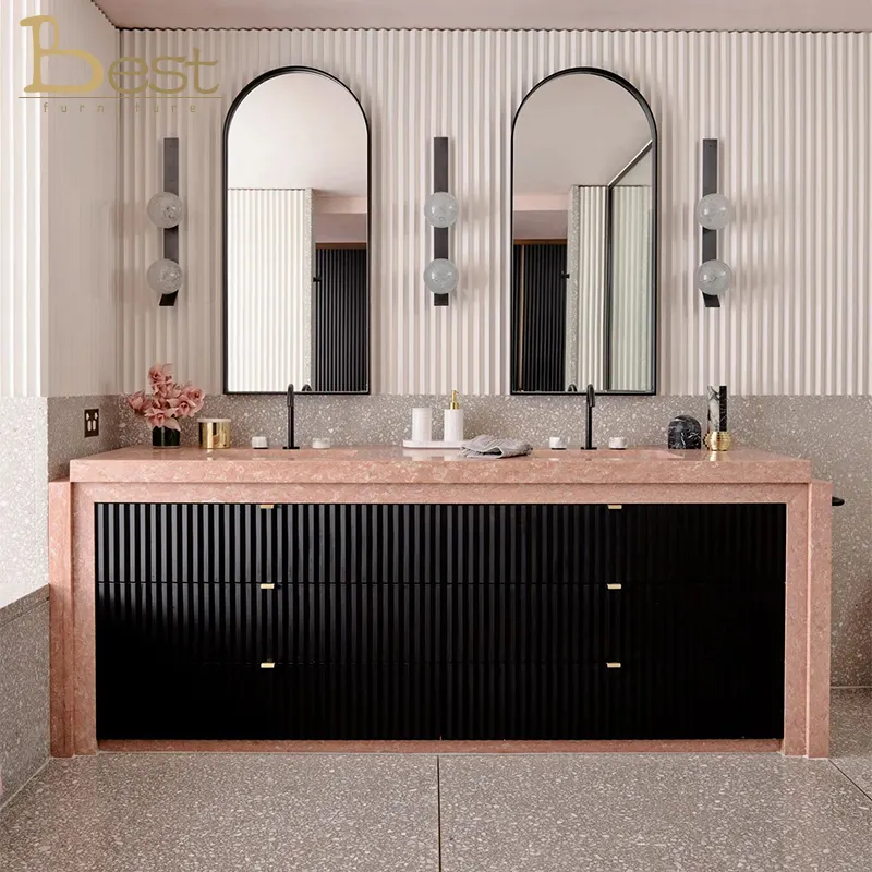 유럽 럭셔리 디자인 핑크 대리석 블랙 그릴 플레이트 욕실 분지 캐비닛 욕실 캐비닛
