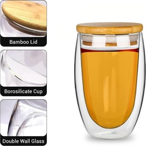 طقم أكواب شاي زجاجية مزدوجة الجدار بالجملة، أكواب قهوة زجاجية قابلة لإعادة الاستخدام مع غطاء من الخيزران، طقم قهوة وشاي - Product Image 4
