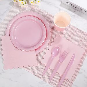 Nouvel ensemble de vaisselle jetable en papier rose en dentelle pour fête d'<span class=keywords><strong>anniversaire</strong></span> de fille, couleur unie, 175 pièces, assiettes en papier, gobelets en papier, serviettes en papier - Product Image 5