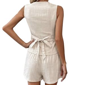 Costume deux pièces décontracté en coton de haute qualité, coupe ajustée, col en V, style simple et polyvalent, idéal pour l'été et l'automne, modèle OEM personnalisé, pour le marché transfrontalier. - Product Image 3