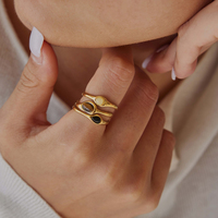 Bague ouverte multicouche en acier inoxydable plaqué or 18 carats avec œil de tigre, agate noire et strass naturels, design original J&D