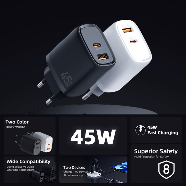 Torfs High-Efficiency 45W Type-C PD QC3.0 USB-A Fast Charger OTP Protection Fireproof Material for Mobile Phone Laptop EU/US