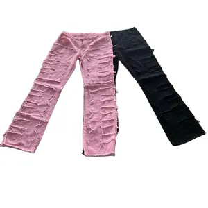 2024 özel erkek kot yeni işlemeli delikli pantolon elastik düz yığılmış kot