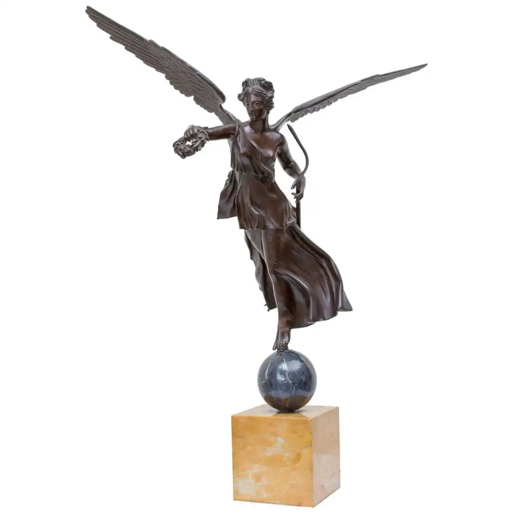 Anjo com asas de bronze tamanho vida com flor arte estátua de metal de cobre escultura feminina