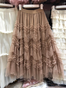 Classic and versatile high waist slimming light luxury beaded multi-layer <b>mesh</b> fairy cake <b>skirt</b> mid length <b>skirt</b> - Product Image 2