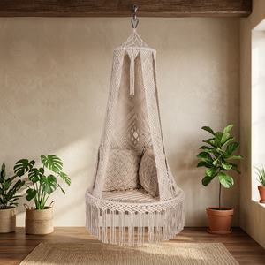 Silla Columpio de Patio Estilo Costero Hecha a Mano de Algodón, Asiento Colgante Tipo Hamaca con Toldo y Flecos, Diseño Personalizado para Muebles de Exterior - Product Image 2