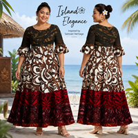 OEM Samoan Puletasi Grande Taille Femme Imprimé Tribal Vintage Soie de Lait Demi-robe Manches Bouffantes Taille Naturelle Respirante Vente en Gros