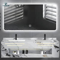Meuble de salle de bain de style européen en marbre noir, ensemble de vanité en pierre frittée de 36 pouces avec plan de travail, lavabo double suspendu