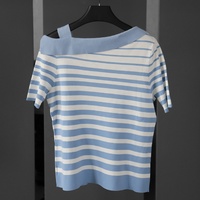 Haut en tricot asymétrique rayé à épaules dénudées pour femme Tyan, avec bretelles en strass, manches courtes, coupe ajustée, tricot décontracté pour femme