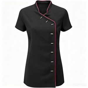 Haut d'uniforme pour femme à col montant et patte de boutonnage diagonale, manches courtes, style chinois, coupe ajustée, pour esthéticienne, SPA et bien-être - Product Image 2