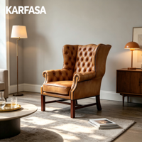 Fauteuil Chesterfield à dossier haut en cuir pleine fleur, capitonné, avec garniture cloutée, pieds en bois massif, pour salon et bureau à domicile