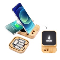 Cargador inalámbrico Light up Bamboo con juego de cables múltiples Almohadilla de carga inalámbrica de 15W con caja de almacenamiento de cables Teléfono y soporte para lápices