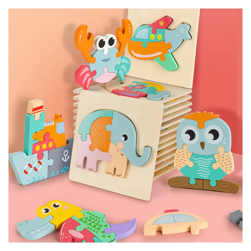 Hot Sale Kids Montessori Colorful Cartoon Animal Jigsaw Children's Toys Early Educational 3D Wooden Puzzle