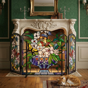Paravent de cheminée en vitrail, 3 panneaux, motif floral, verre décoratif traditionnel, pour salon, autoportant, forme cathédrale - Product Image 4