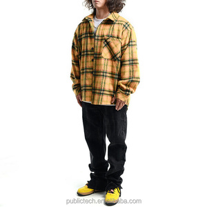 Men Heavyweight Regular Custom Logo Cotton Blend Winter Yellow Plaid <b>Big</b> Patch Pockets Oversized Flannel Shirts Jacket - Product Image 3