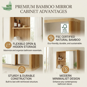 Moderno y Minimalista Gabinete de <span class=keywords><strong>Baño</strong></span> <span class=keywords><strong>con</strong></span> Espejo y Listones de Bambú, <span class=keywords><strong>con</strong></span> Estantes Abiertos, Gabinete de Espejo de Vanidad Montado en la Pared para <span class=keywords><strong>Baño</strong></span> - Product Image 3