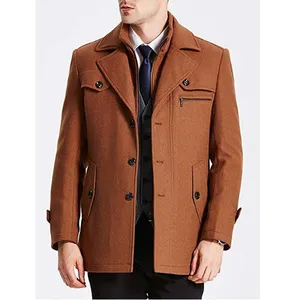 OEM wholesale custom made men's gentle layered collar single breasted quilted lined wool blend pea coats