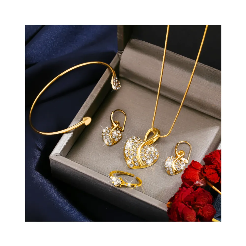 JY 4pc Luxury Heart Diamond Pendant Necklace Bracelet Earring Ring Set for Women Jewelry Party