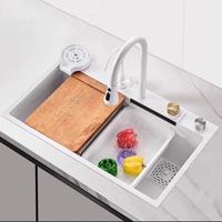 Évier de cuisine à cuve unique profonde de 22 cm avec robinet cascade extractible, kit d'accessoires 13 pièces, acier inoxydable 304, blanc