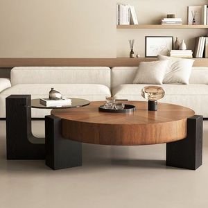 Round Solid Wood Coffee <b>Table</b> With Double <b>Drawers</b> 80x80x36 Cm For Living Room Storage Cabinet - Product Image 1