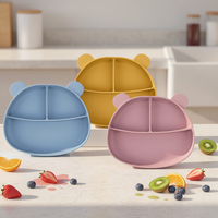 Assiette à ventouse en silicone non toxique pour bébé, motif ours, avec compartiments, compatible micro-ondes, pour enfants