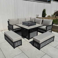 Meubles de jardin modernes en aluminium, canapé d'angle en rotin, ensemble de meubles de patio en forme de L avec table foyer
