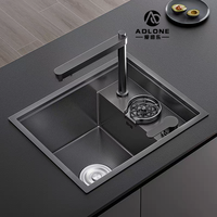 Évier de cuisine moderne carré noir en acier inoxydable à cuve unique encastrée avec cache-vanne en laiton pour installation sur comptoir