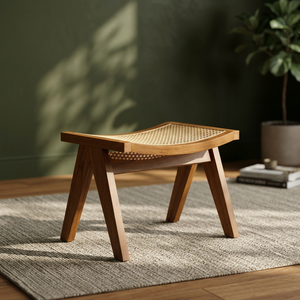 Premium Solid Teak Wood Ottoman Natural Rattan Cane Webbing Inverted V Leg <b>Footstool</b> - Product Image 2