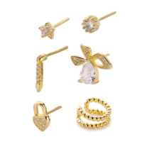 6-teiliges 925 Sterling Silber Zirkon Ohrringe Set 14K Vergoldet Trendige Schleife Herz Blume Ohrstecker Damen Mädchen Mehrschichtiger Ohrschmuck