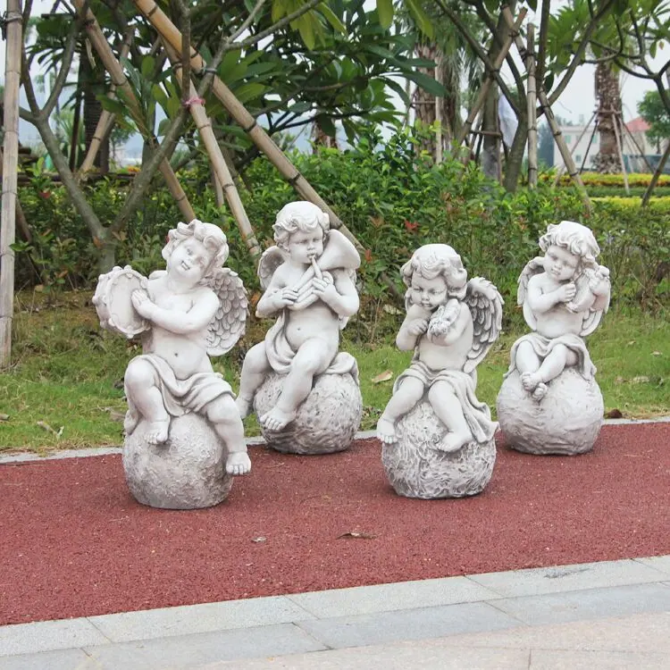 Tamanho da vida da resina do jardim anjo do bebê com instrumento escultura de violino