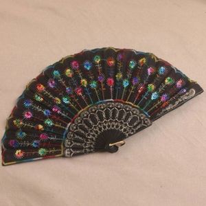 High Quality Fabric Hand Fans Advertising Portable <b>Sequined</b> Embroidery Folding Dance Fan Custom Logo Plastic Hand Fan - Product Image 3