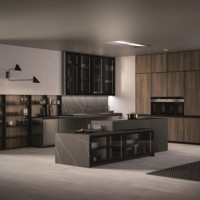 Kabinet Dapur Modular Modern Kelas Atas dengan Veneer Kayu dan Keran untuk Apartemen, Konstruksi Papan Melamin