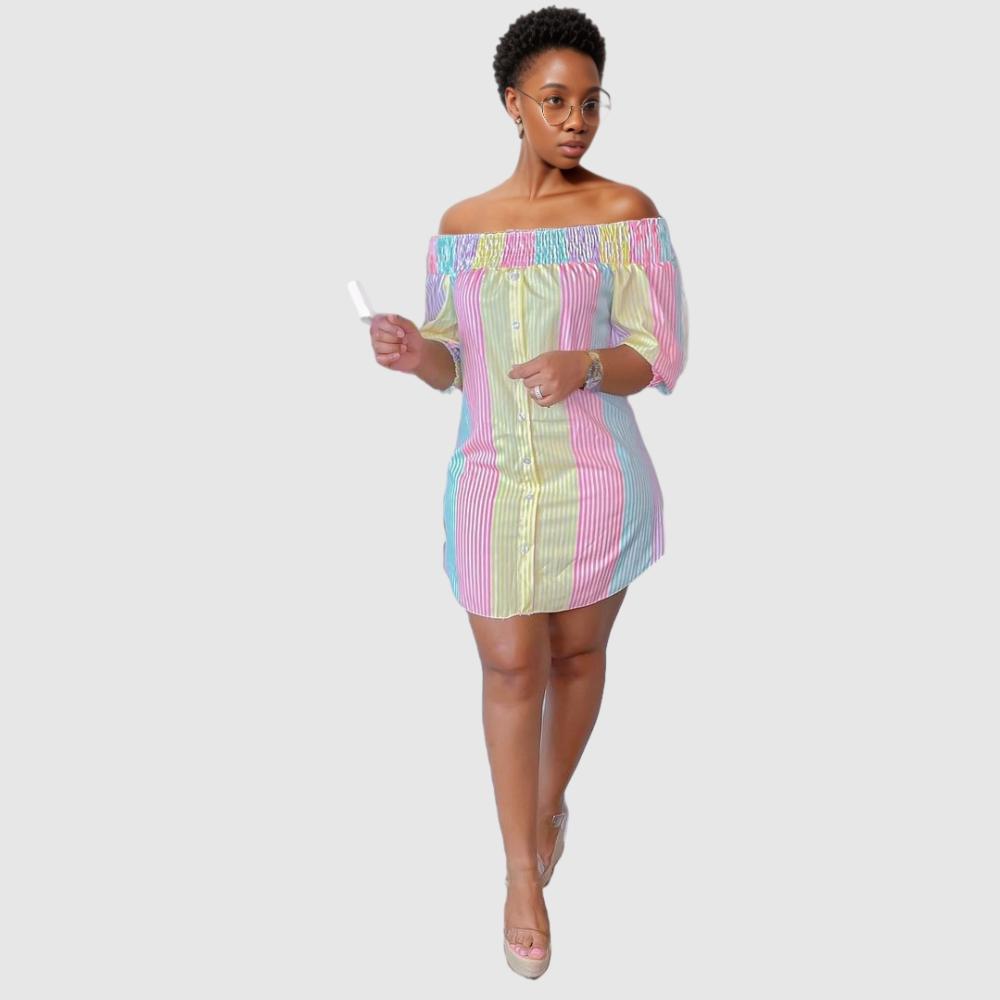 off the shoulder striped shirt dress Striped Off-shoulder Shirt Dress Blue And White