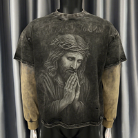 T-shirt personnalisé streetwear avec impression DTG, coupe ample, effet délavé au soleil, délavé à l'acide, double couche, manches longues, pour hommes