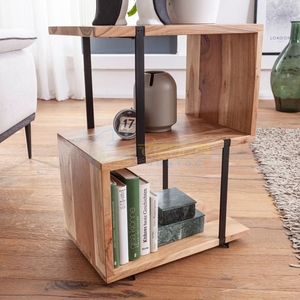 <b>Rustic</b> Sheesham Wood <b>Side</b> <b>Table</b> with Dual Open Shelves Black Metal Frame Modern Industrial Accent Stand for Living Room Decor - Product Image 2