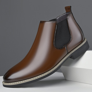 Bottes Chelsea pour hommes en cuir véritable, à bout rond, avec bande élastique, respirantes, tendance, décontractées - Product Image 5